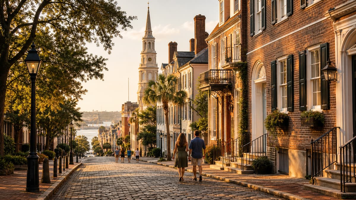 Photoreal historic American streetscape with brick architecture, church spire, and heritage-travel atmosphere