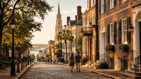 Photoreal historic American streetscape with brick architecture, church spire, and heritage-travel atmosphere
