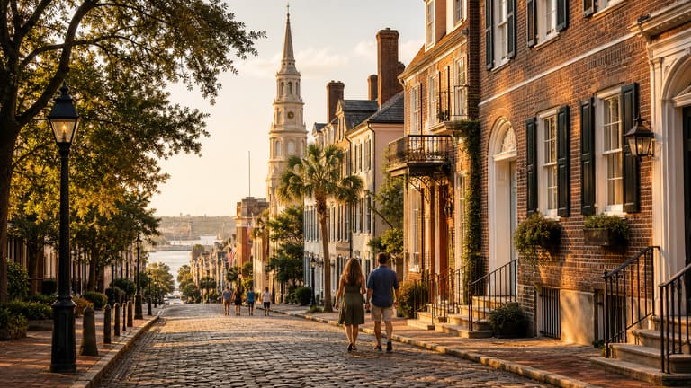 Photoreal historic American streetscape with brick architecture, church spire, and heritage-travel atmosphere