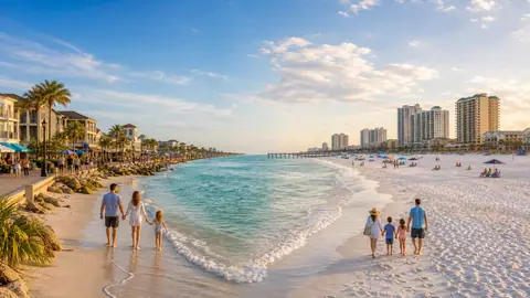 Photoreal Gulf Coast family beach scene blending calm Clearwater energy with broader Panama City Beach shoreline