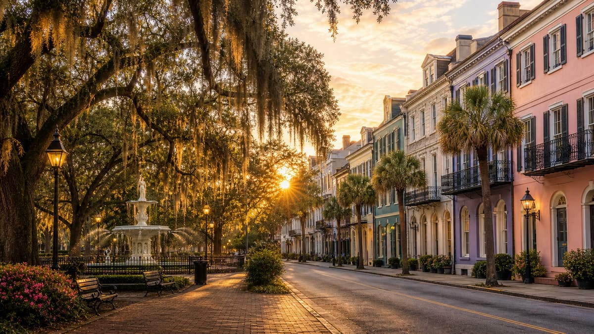 Photoreal blend of Savannah oak-shaded square and Charleston pastel historic street at golden hour