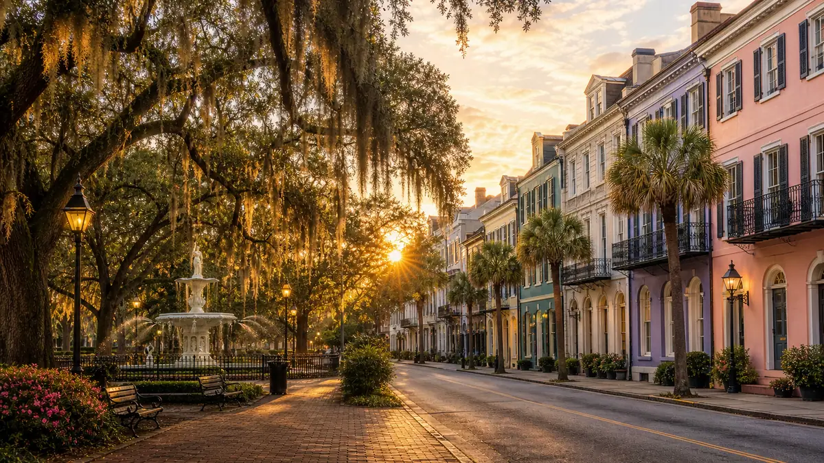 Photoreal blend of Savannah oak-shaded square and Charleston pastel historic street at golden hour