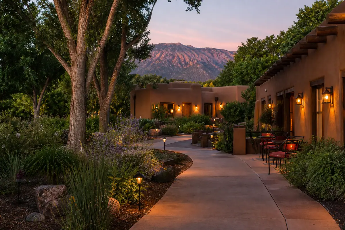 Photoreal editorial image for Where to Stay in Albuquerque: Old Town, Nob Hill, or the North Valley?, inspired by Albuquerque, New Mexico