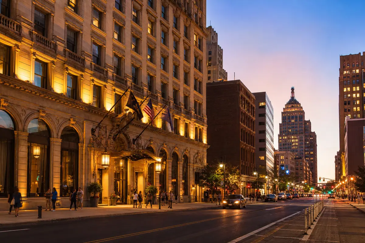 Photoreal historic Buffalo hotel and downtown streetscape at dusk