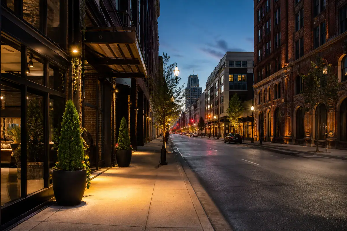 Photoreal downtown Detroit hotel district at dusk