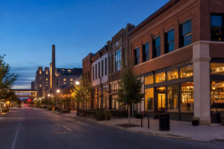 Photoreal Mass Ave and Bottleworks district in Indianapolis at dusk