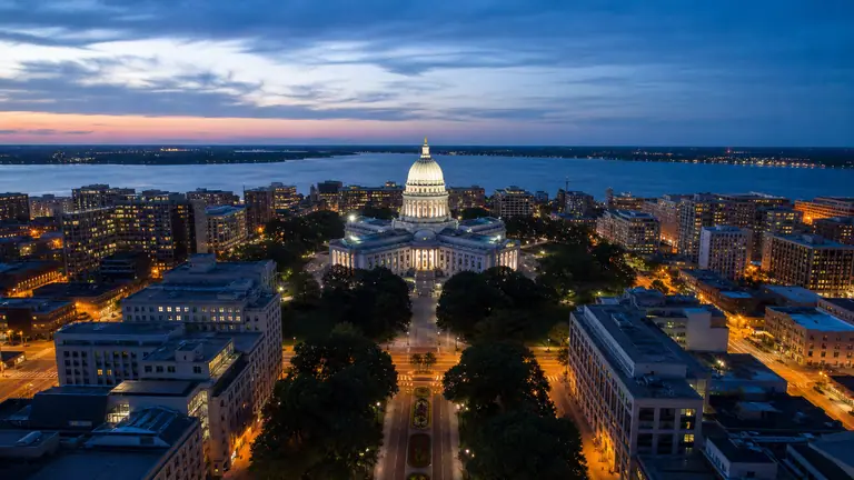 Photoreal Capitol Square and Wisconsin State Capitol at blue hour