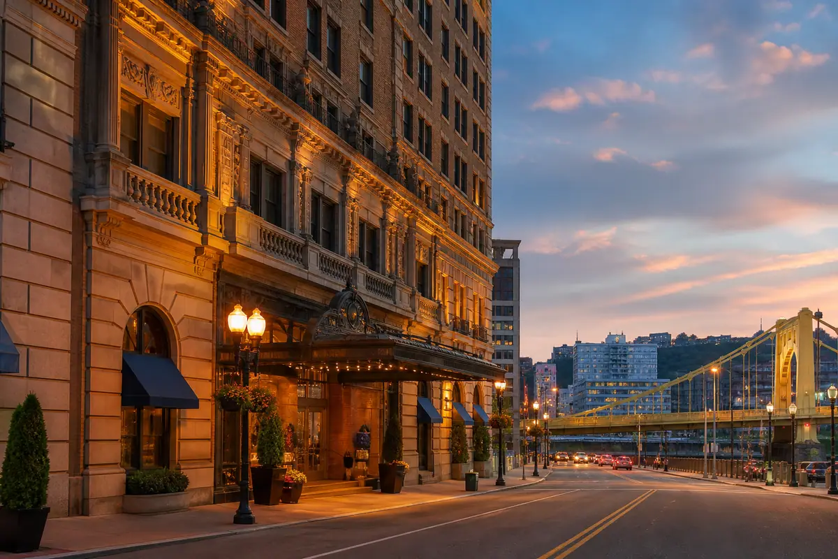 Photoreal downtown Pittsburgh hotel district near the rivers
