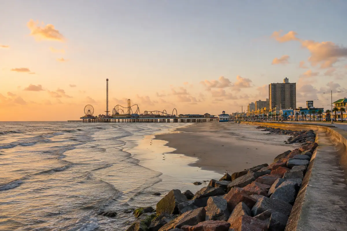 Photoreal Galveston Pleasure Pier and Seawall at sunset