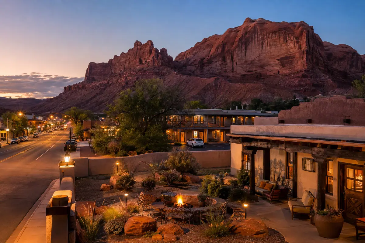 Photoreal travel-editorial image for Where to Stay in Moab: Downtown, North Main, or the Colorado River