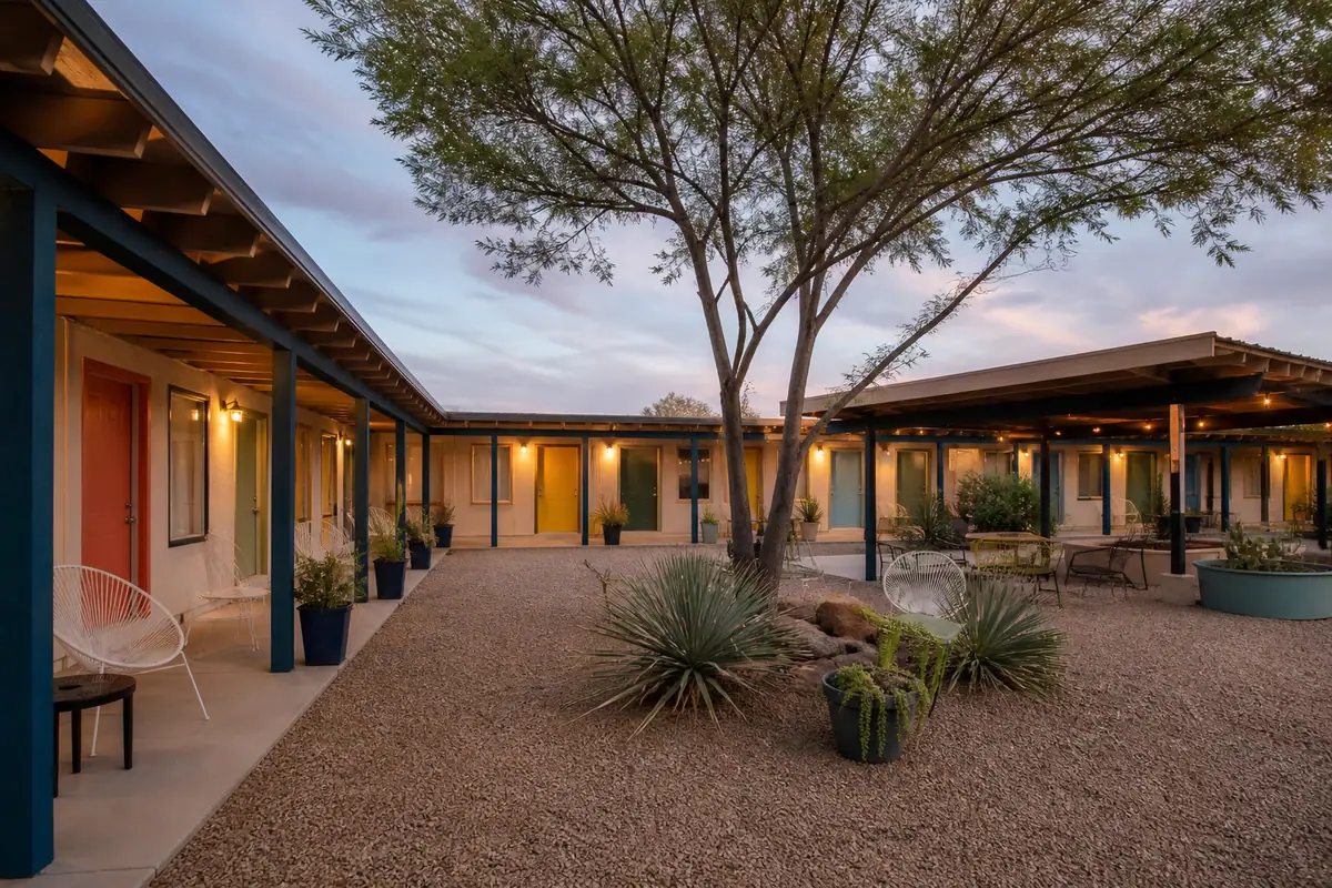 Photoreal travel-editorial view of El Vado Motel in Albuquerque, New Mexico