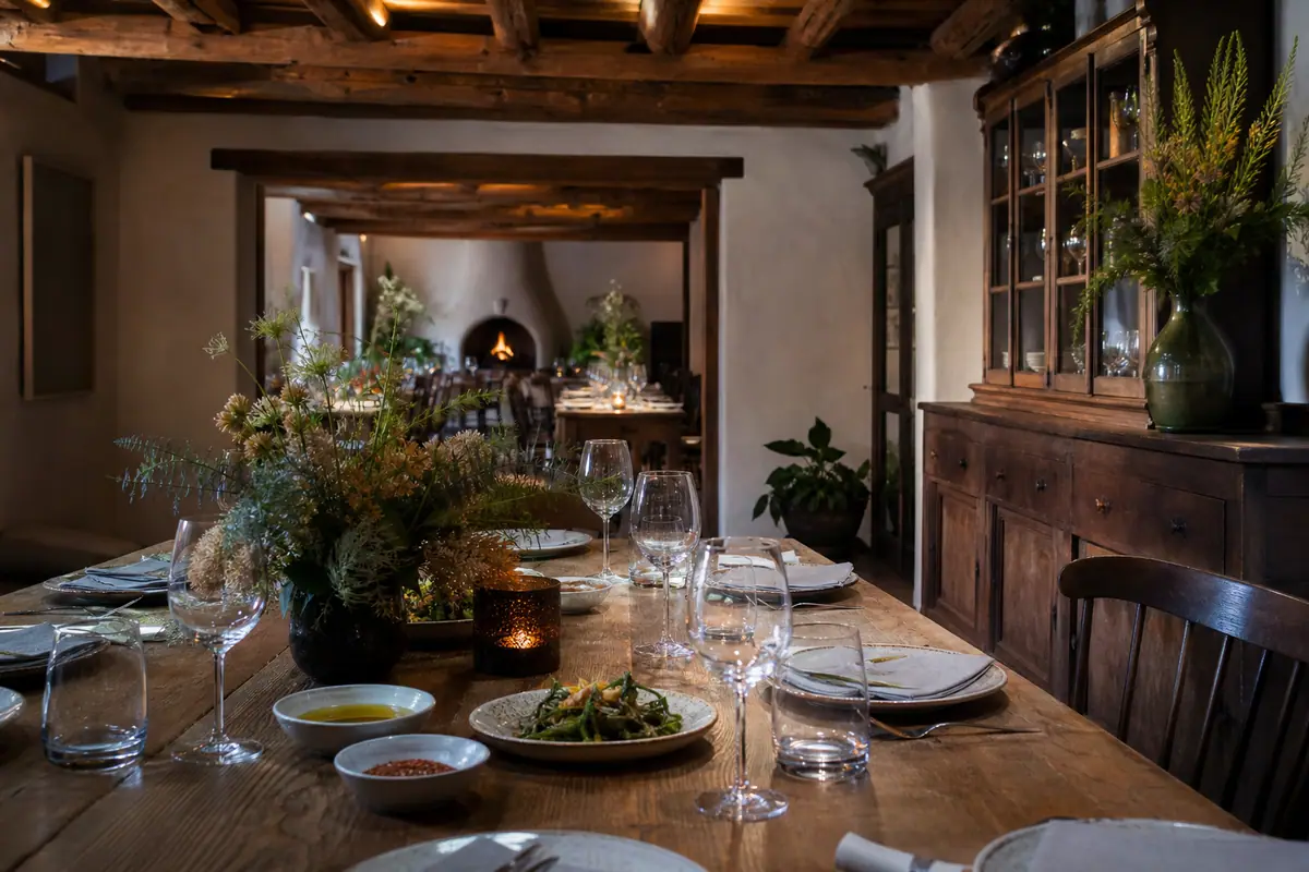 Photoreal travel-editorial view of Campo at Los Poblanos in Albuquerque, New Mexico
