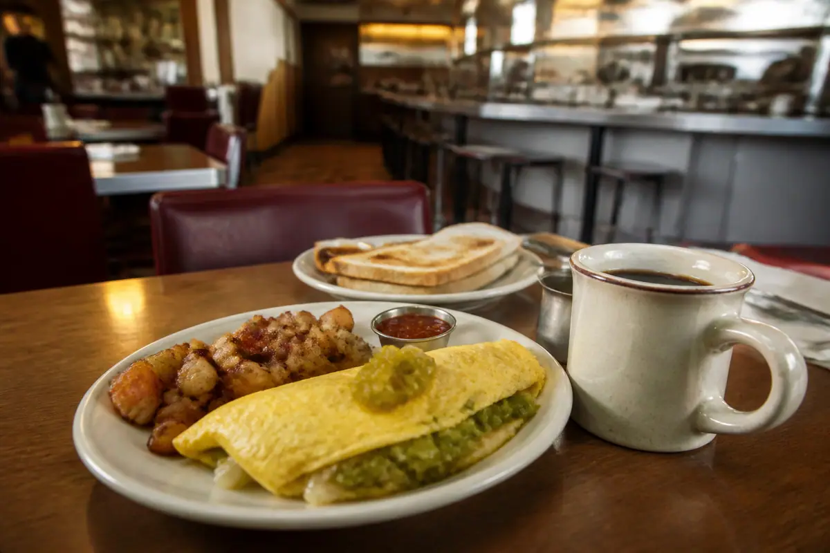 Photoreal travel-editorial view of Central Grill and Coffee House in Albuquerque, New Mexico