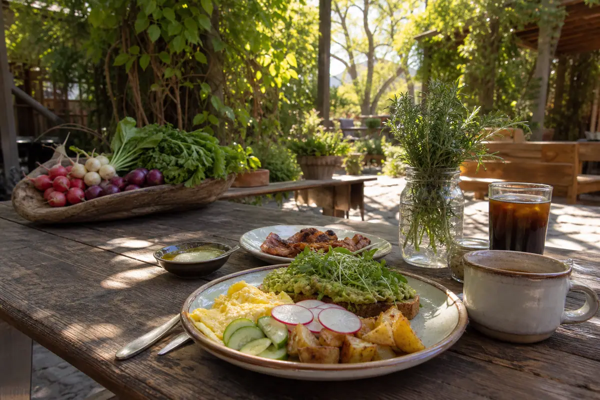 Photoreal travel-editorial view of Farm & Table in Albuquerque, New Mexico