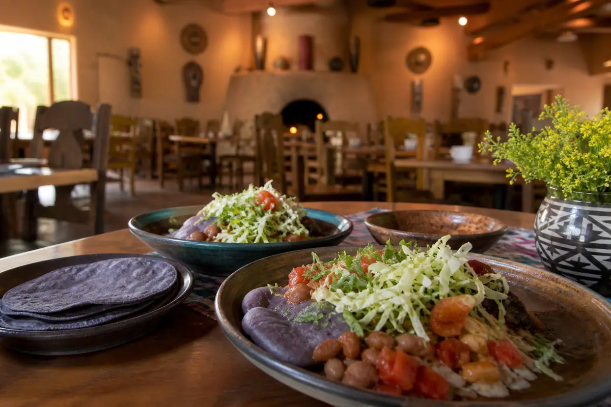 Photoreal travel-editorial view of Indian Pueblo Kitchen in Albuquerque, New Mexico