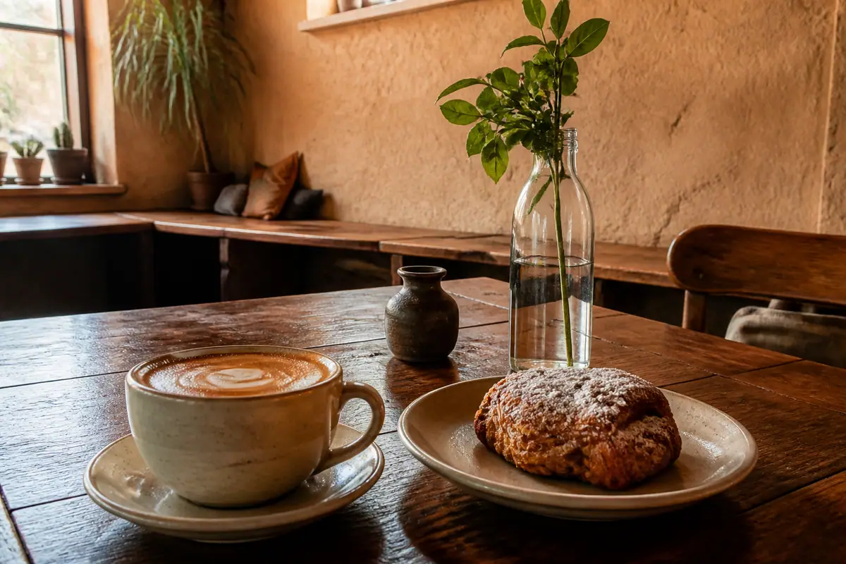 Photoreal travel-editorial view of La Luz Coffee in Albuquerque, New Mexico