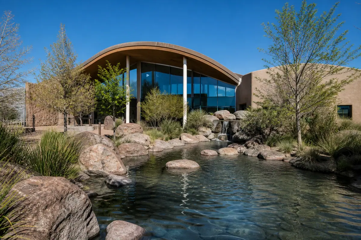 Photoreal travel-editorial view of ABQ BioPark Aquarium in Albuquerque, New Mexico