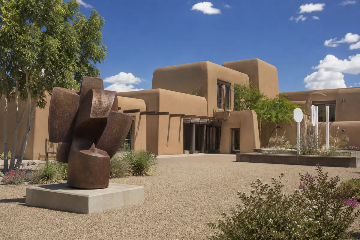 Photoreal travel-editorial view of Albuquerque Museum in Albuquerque, New Mexico