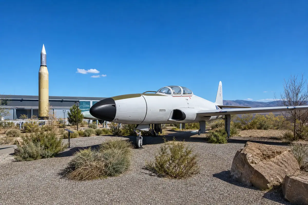 Photoreal travel-editorial view of National Museum of Nuclear Science & History in Albuquerque, New Mexico