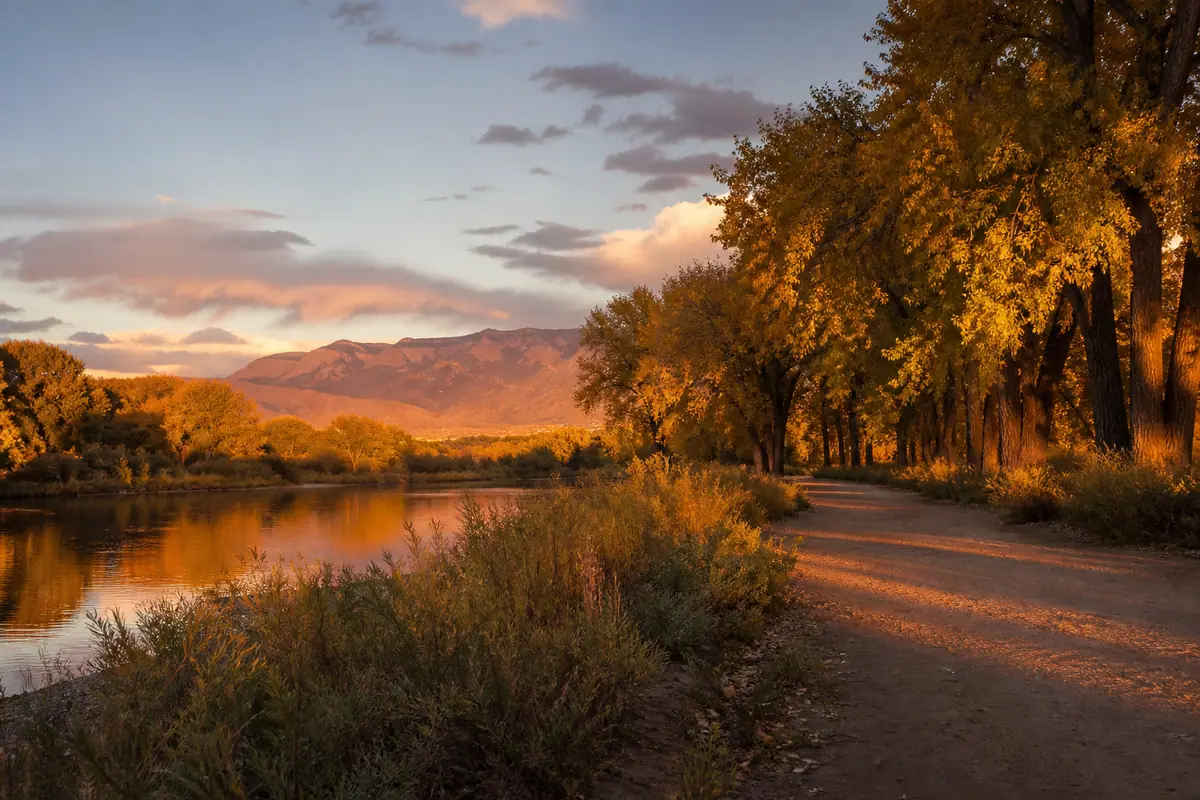 Photoreal travel-editorial view of Tingley Beach in Albuquerque, New Mexico