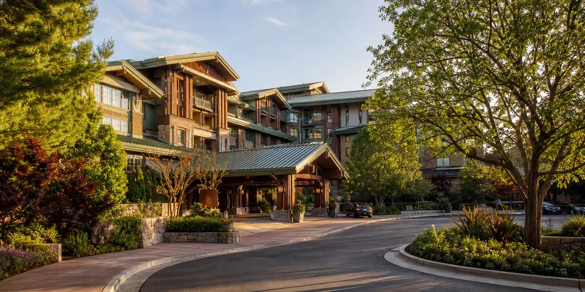 Photoreal hotel exterior representing Disney's Grand Californian Hotel & Spa in Anaheim