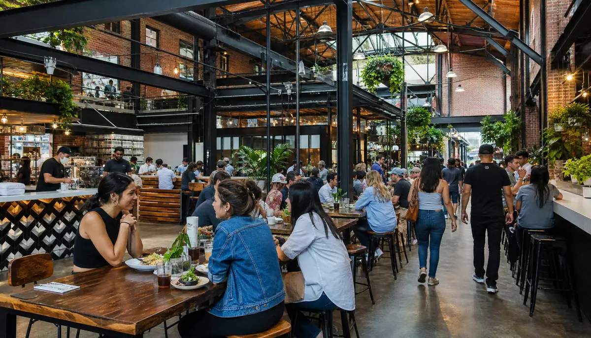 Photoreal Anaheim Packing House dining scene representing Anaheim restaurant atmosphere