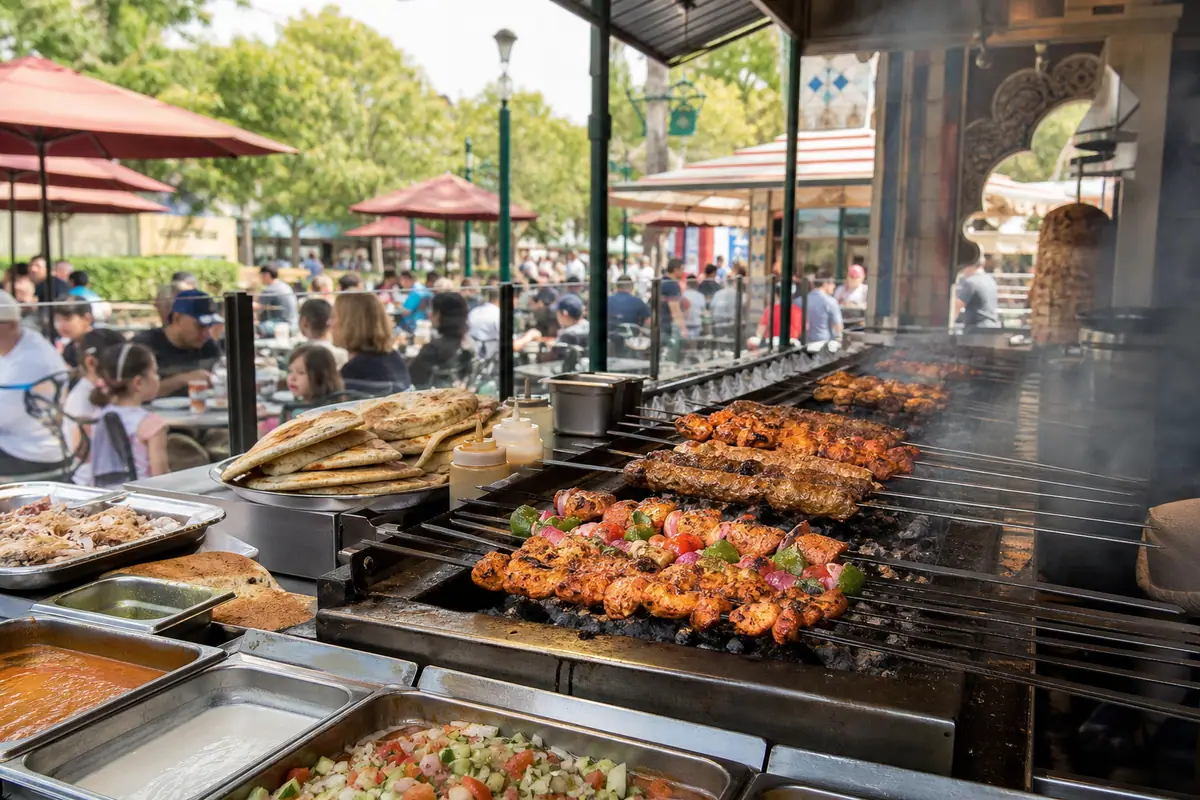 Photoreal Bengal Barbecue dining scene representing Anaheim restaurant atmosphere