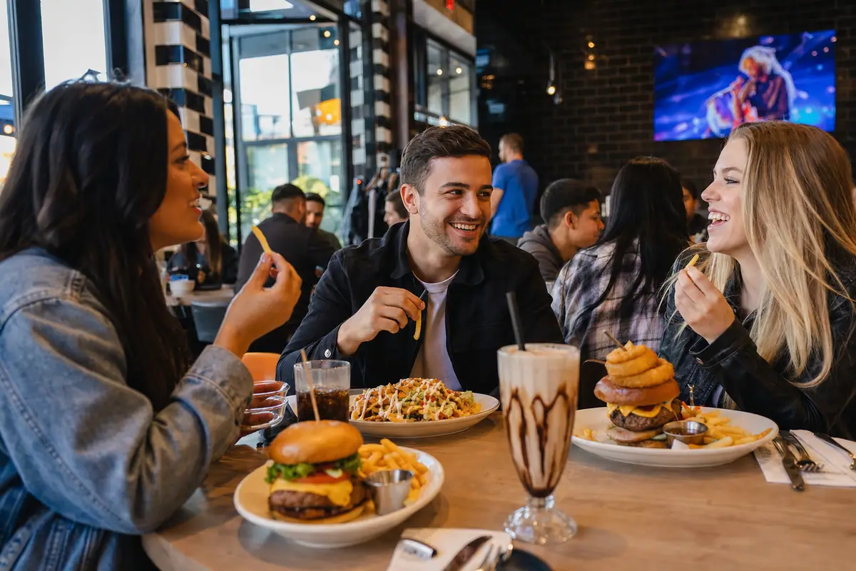 Photoreal Black Tap Craft Burgers & Shakes dining scene representing Anaheim restaurant atmosphere