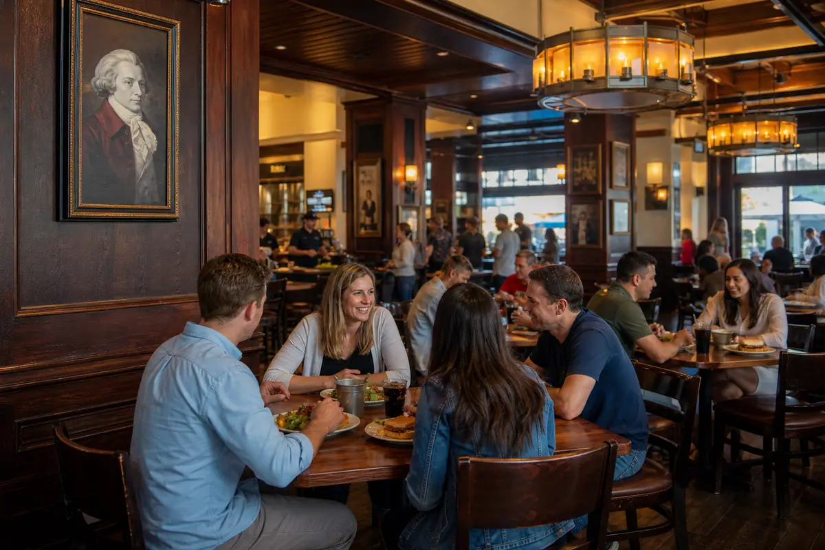 Photoreal Earl of Sandwich Tavern dining scene representing Anaheim restaurant atmosphere
