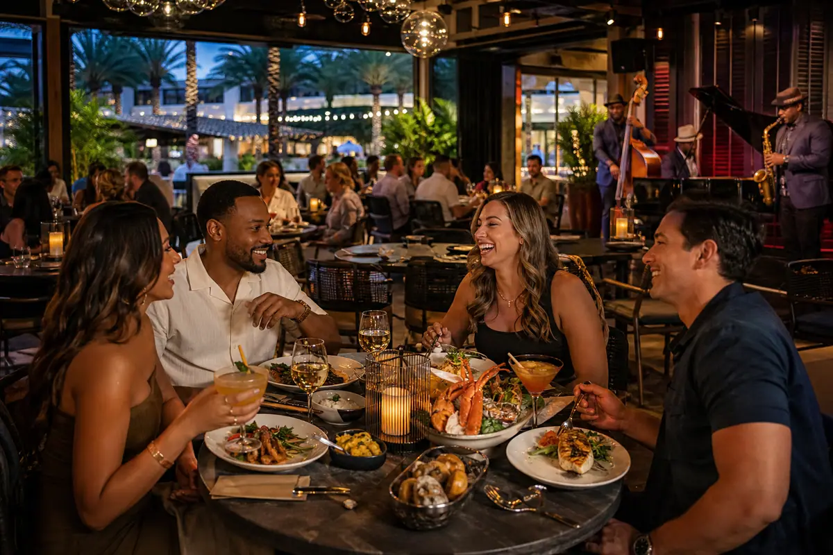 Photoreal Jazz Kitchen Coastal Grill & Patio dining scene representing Anaheim restaurant atmosphere