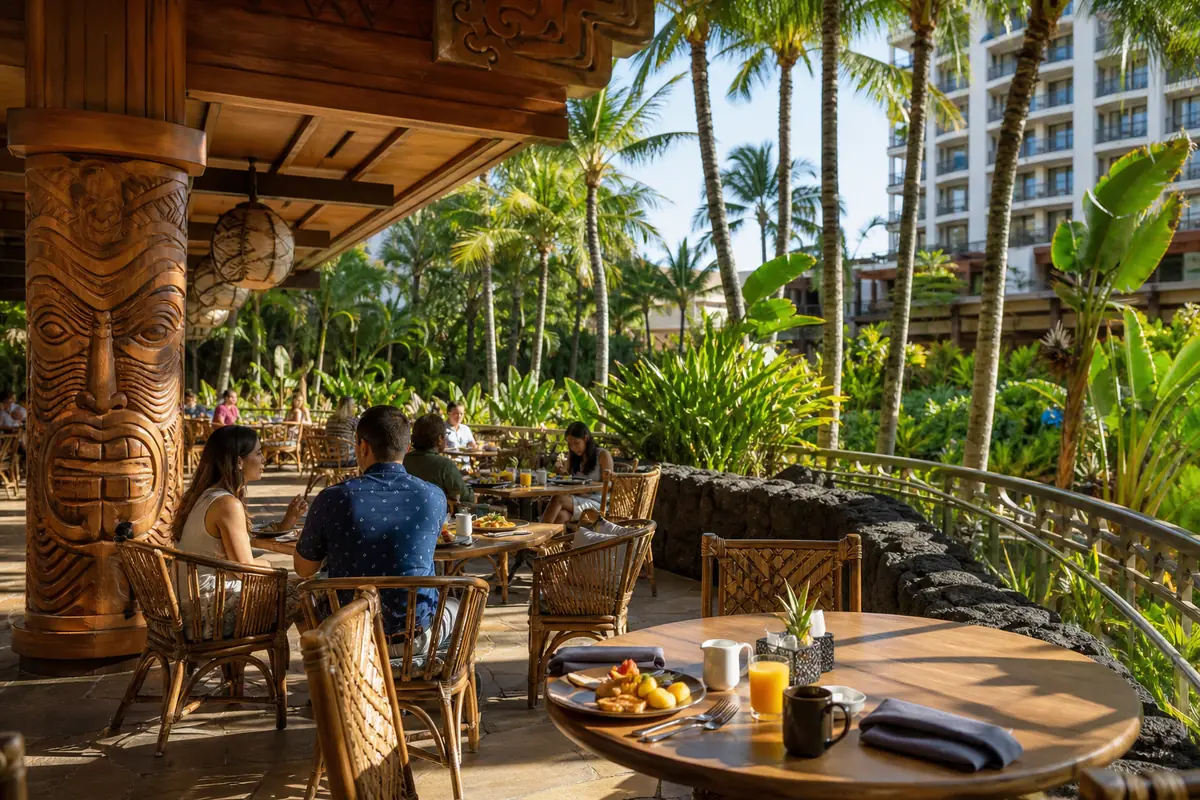 Photoreal Tangaroa Terrace Tropical Bar & Grill dining scene representing Anaheim restaurant atmosphere