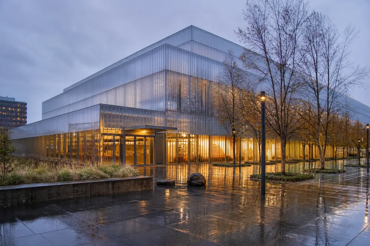 Photoreal travel-editorial view of Alaska Native Heritage Center in Anchorage, Alaska