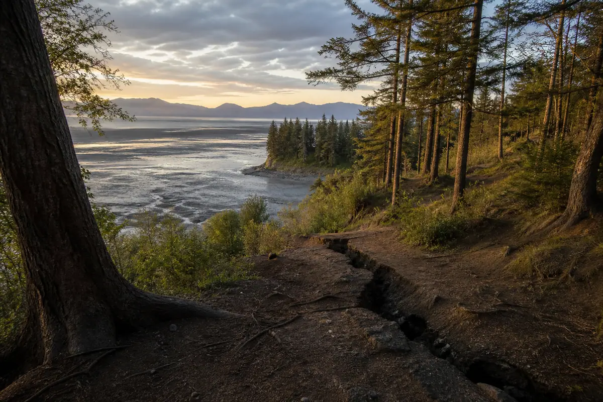 Photoreal travel-editorial view of Earthquake Park in Anchorage, Alaska
