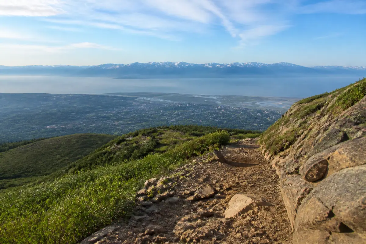 Photoreal travel-editorial view of Flattop Mountain Trail in Anchorage, Alaska