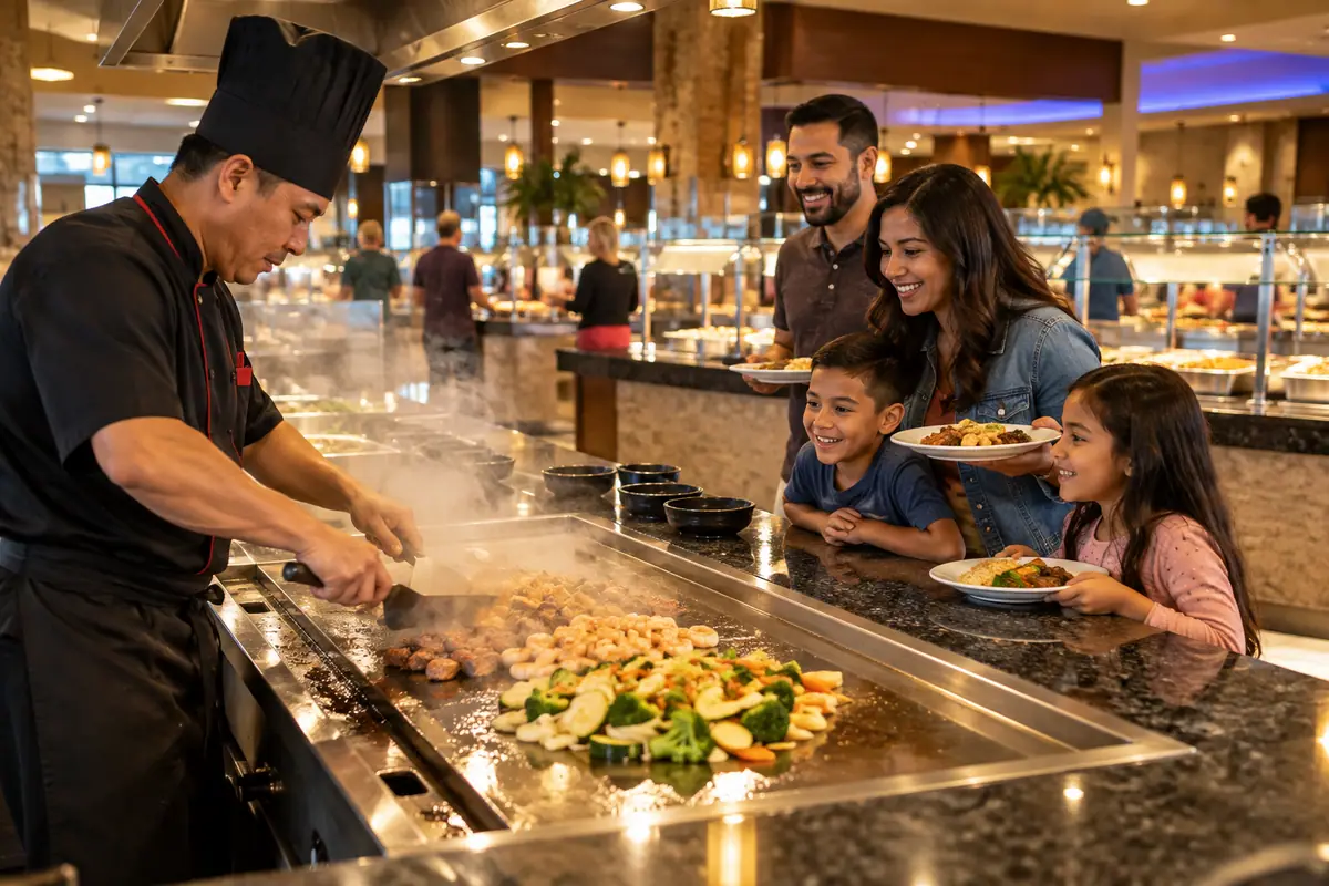 Photoreal travel-editorial view of Hibachi Grill and Buffet in Arlington, Texas