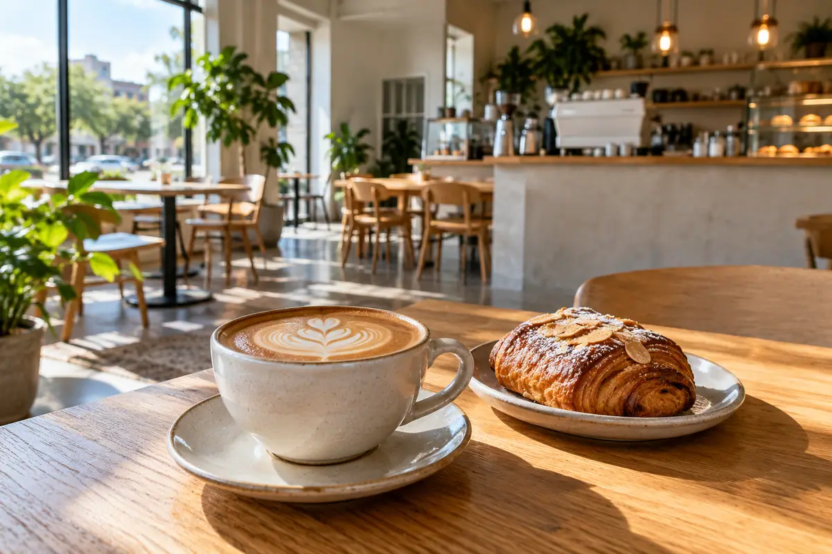 Photoreal travel-editorial view of Inclusion Coffee in Arlington, Texas