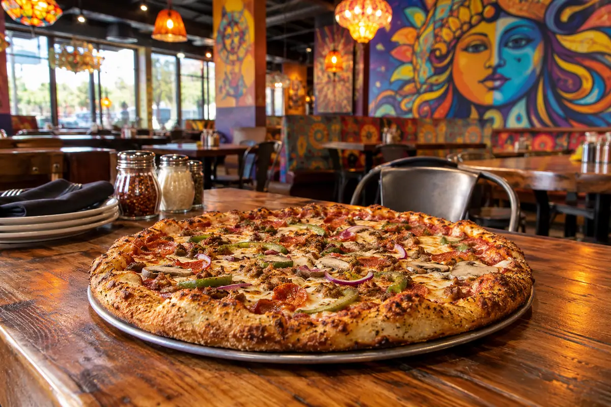 Photoreal travel-editorial view of Mellow Mushroom Arlington in Arlington, Texas