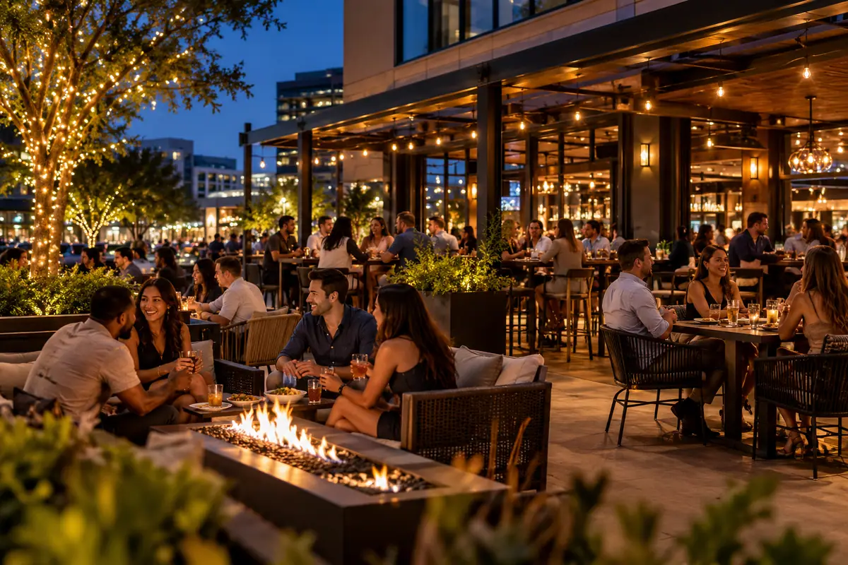 Photoreal travel-editorial view of Social House Arlington in Arlington, Texas