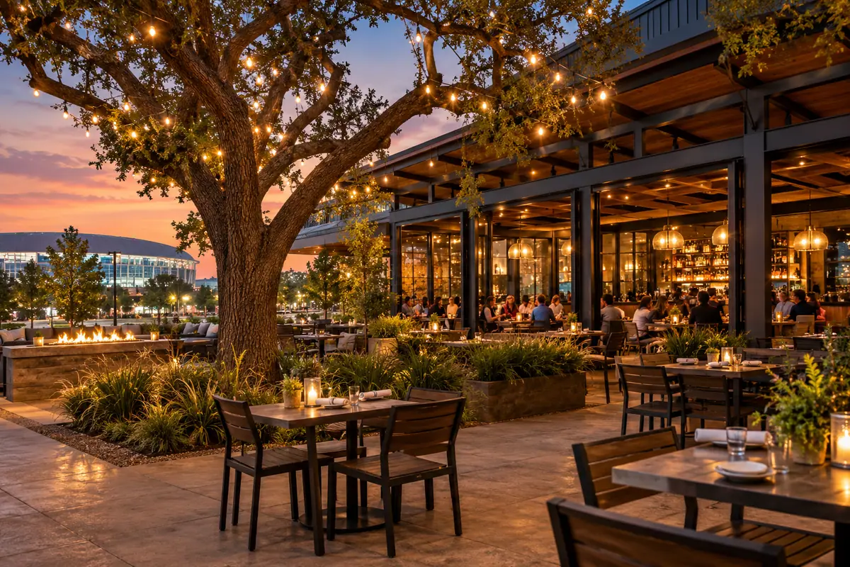 Photoreal travel-editorial view of The Tipsy Oak in Arlington, Texas