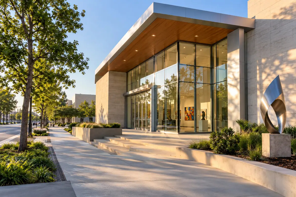 Photoreal travel-editorial view of Arlington Museum of Art in Arlington, Texas
