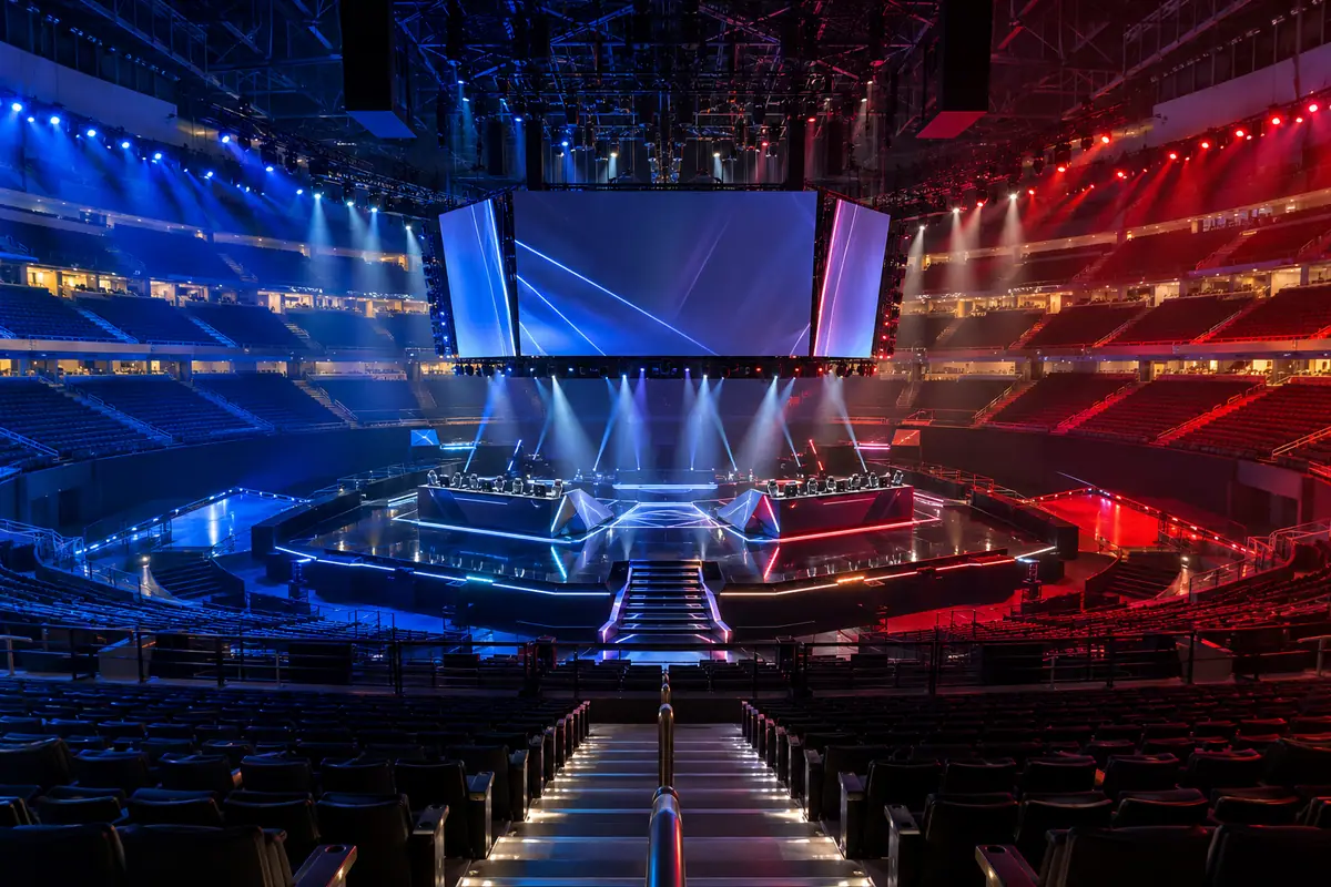 Photoreal travel-editorial view of Esports Stadium Arlington in Arlington, Texas