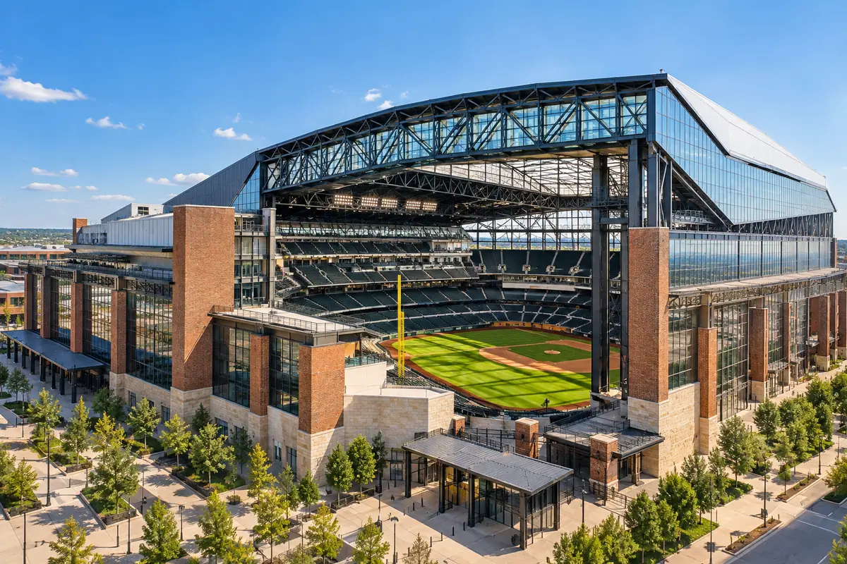 Photoreal travel-editorial view of Globe Life Field in Arlington, Texas