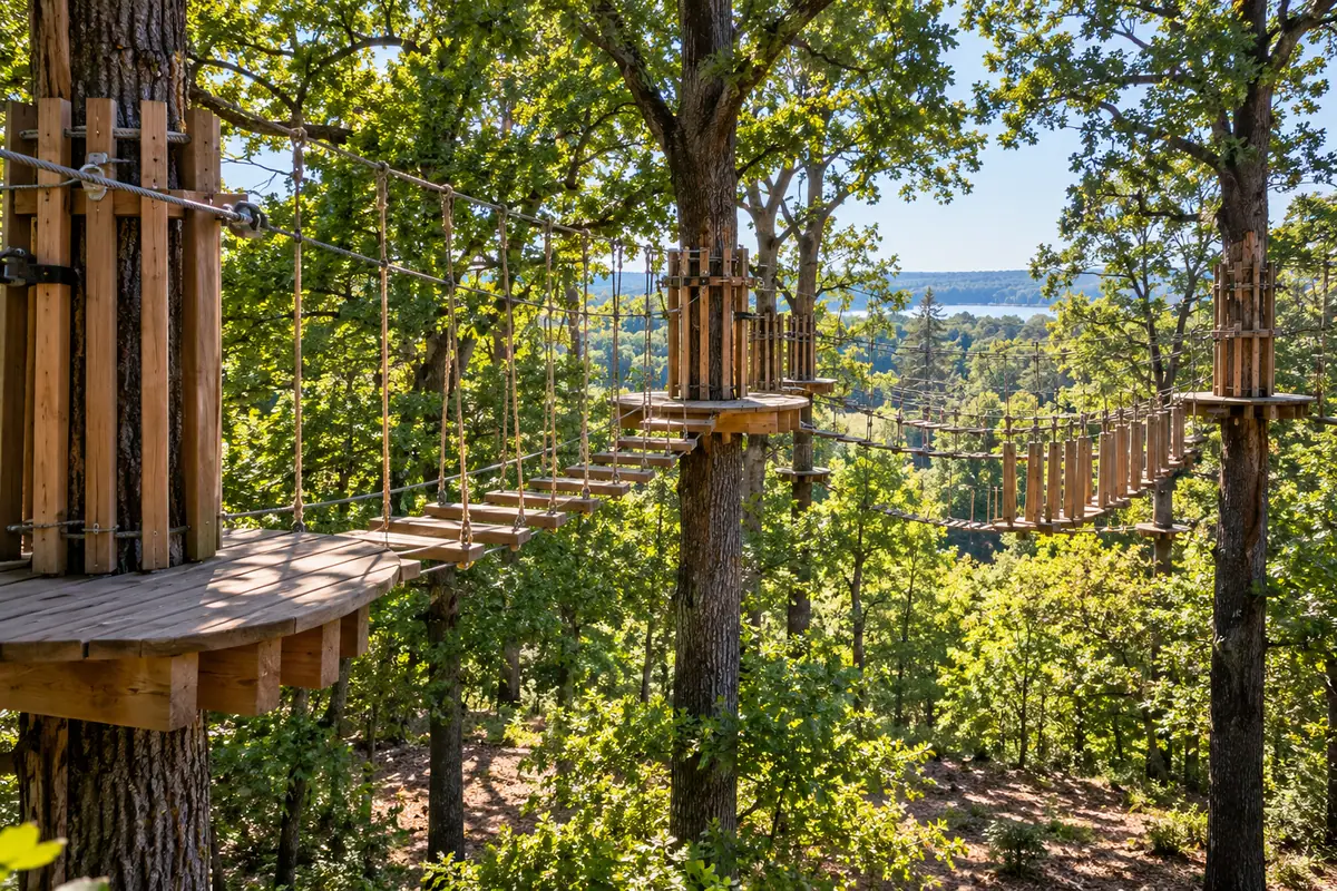 Photoreal travel-editorial view of Go Ape Zipline and Adventure Park in Arlington, Texas
