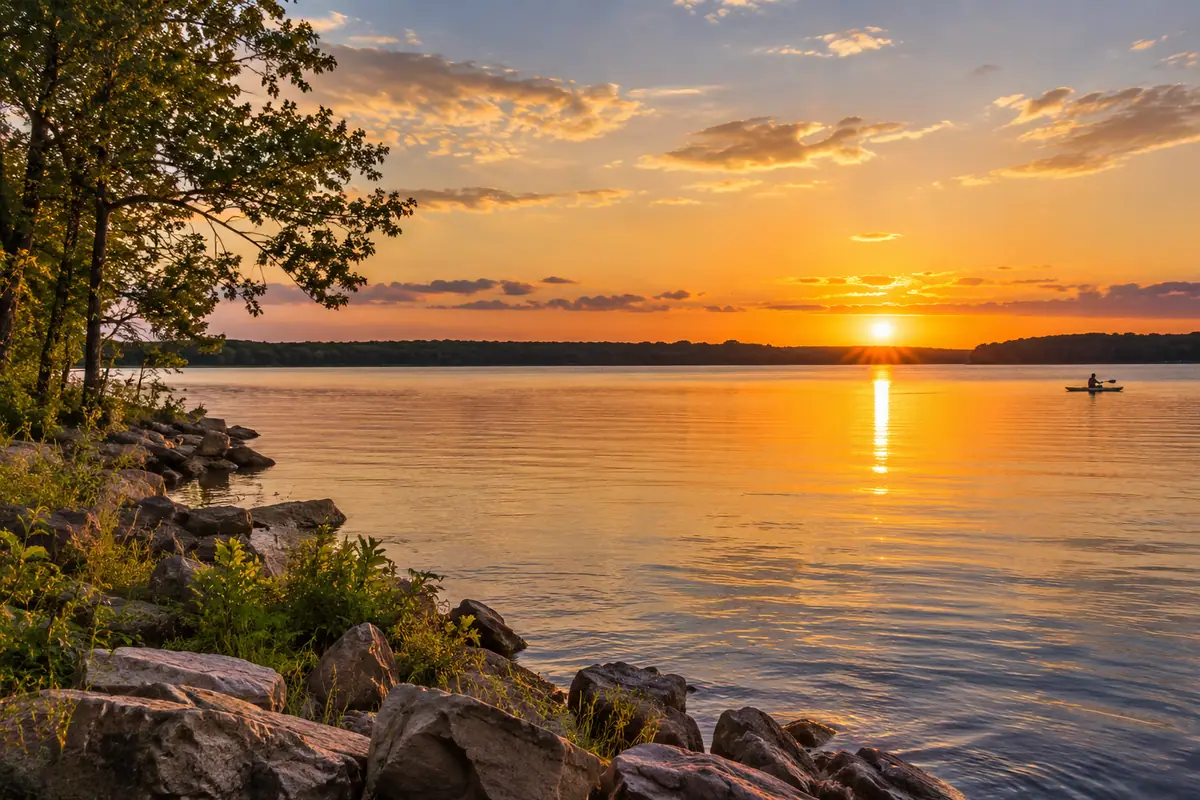 Photoreal travel-editorial view of Lake Arlington in Arlington, Texas