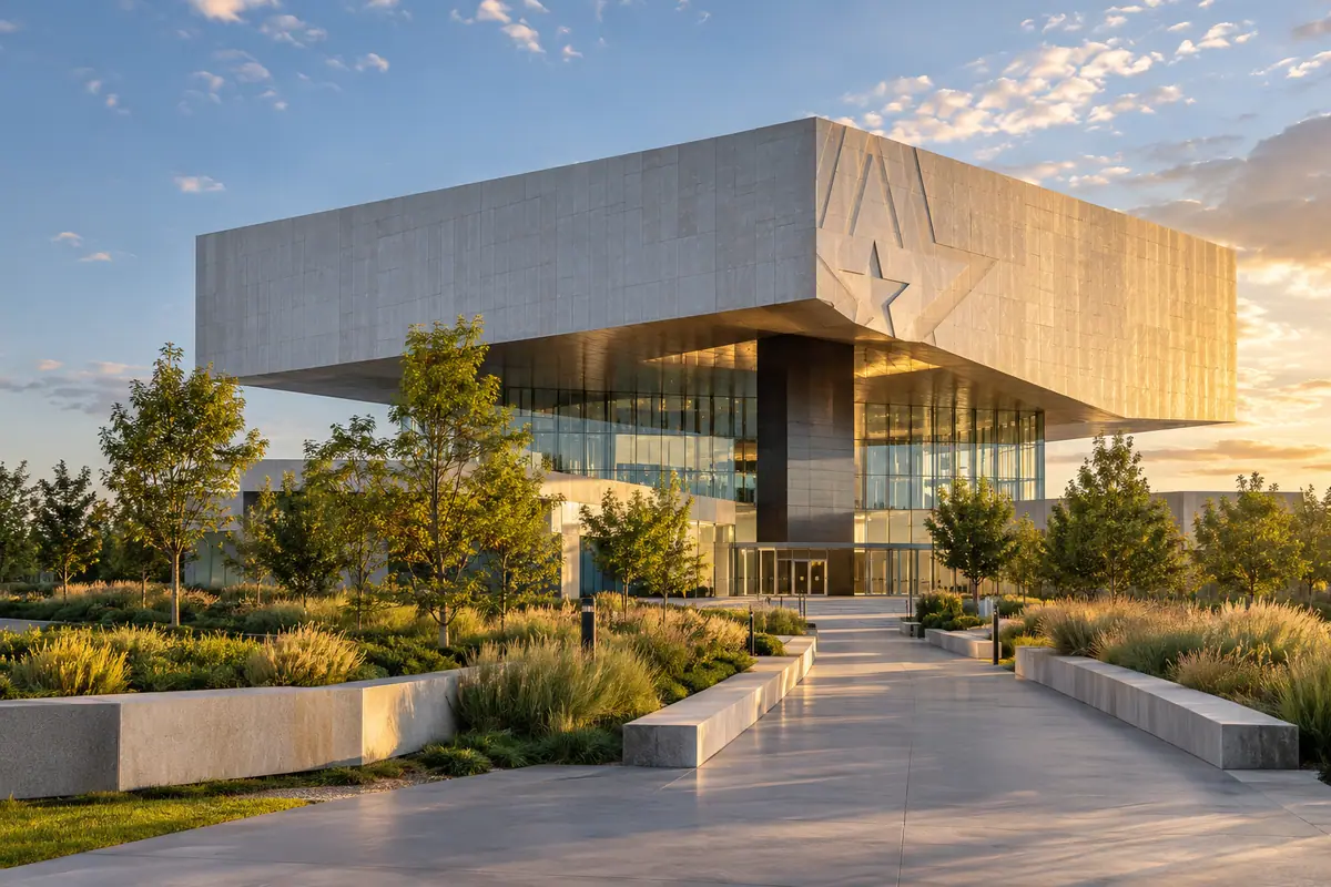 Photoreal travel-editorial view of National Medal of Honor Museum in Arlington, Texas