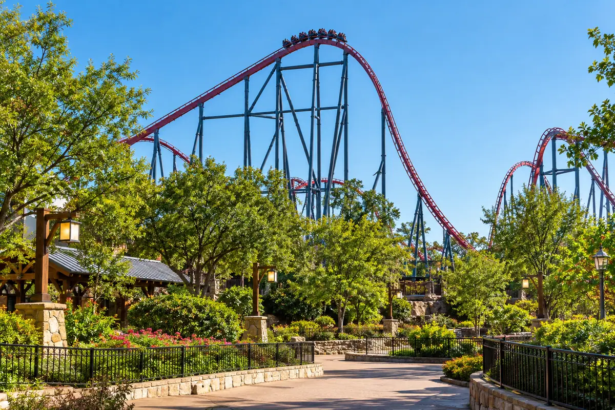 Photoreal travel-editorial view of Six Flags Over Texas in Arlington, Texas