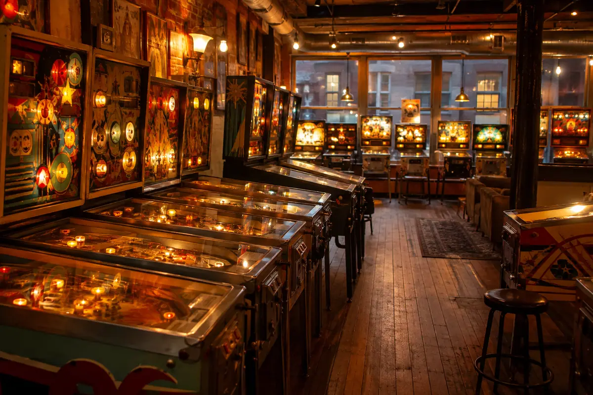 Photoreal vintage pinball arcade at Asheville Pinball Museum