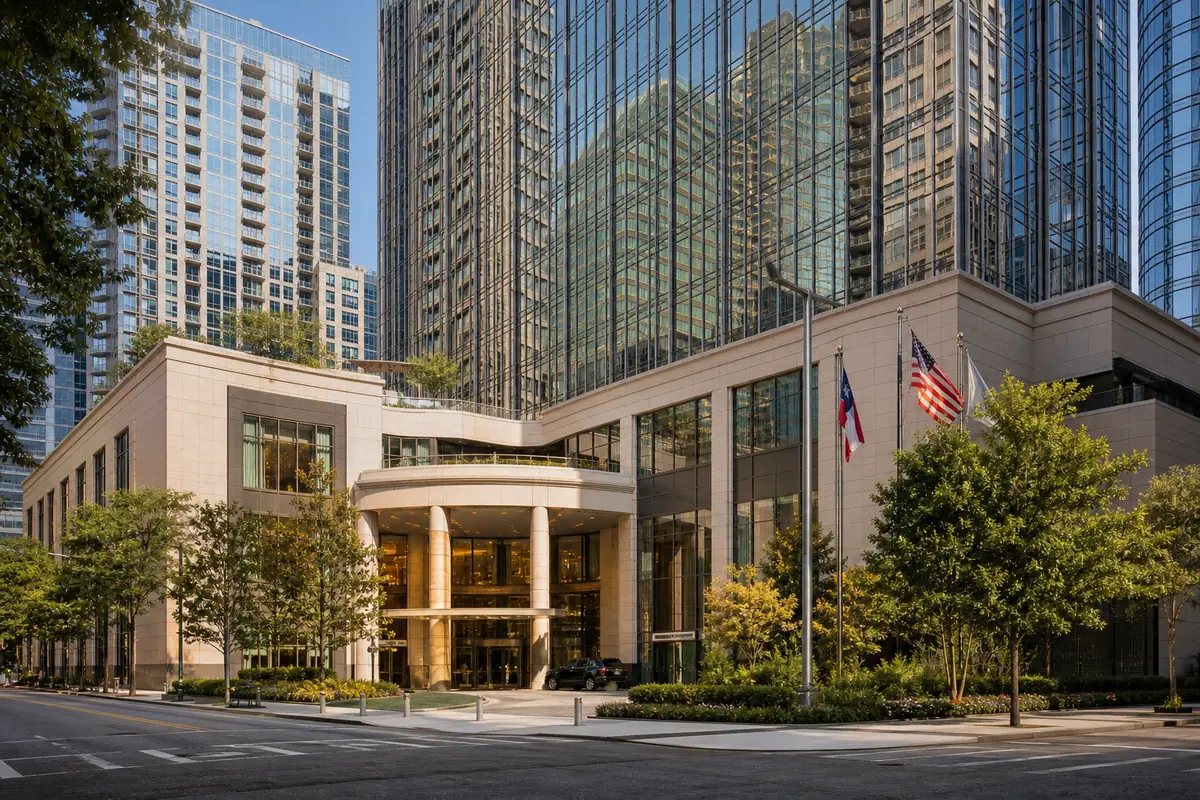 Photoreal luxury Midtown hotel exterior representing Four Seasons Hotel Atlanta
