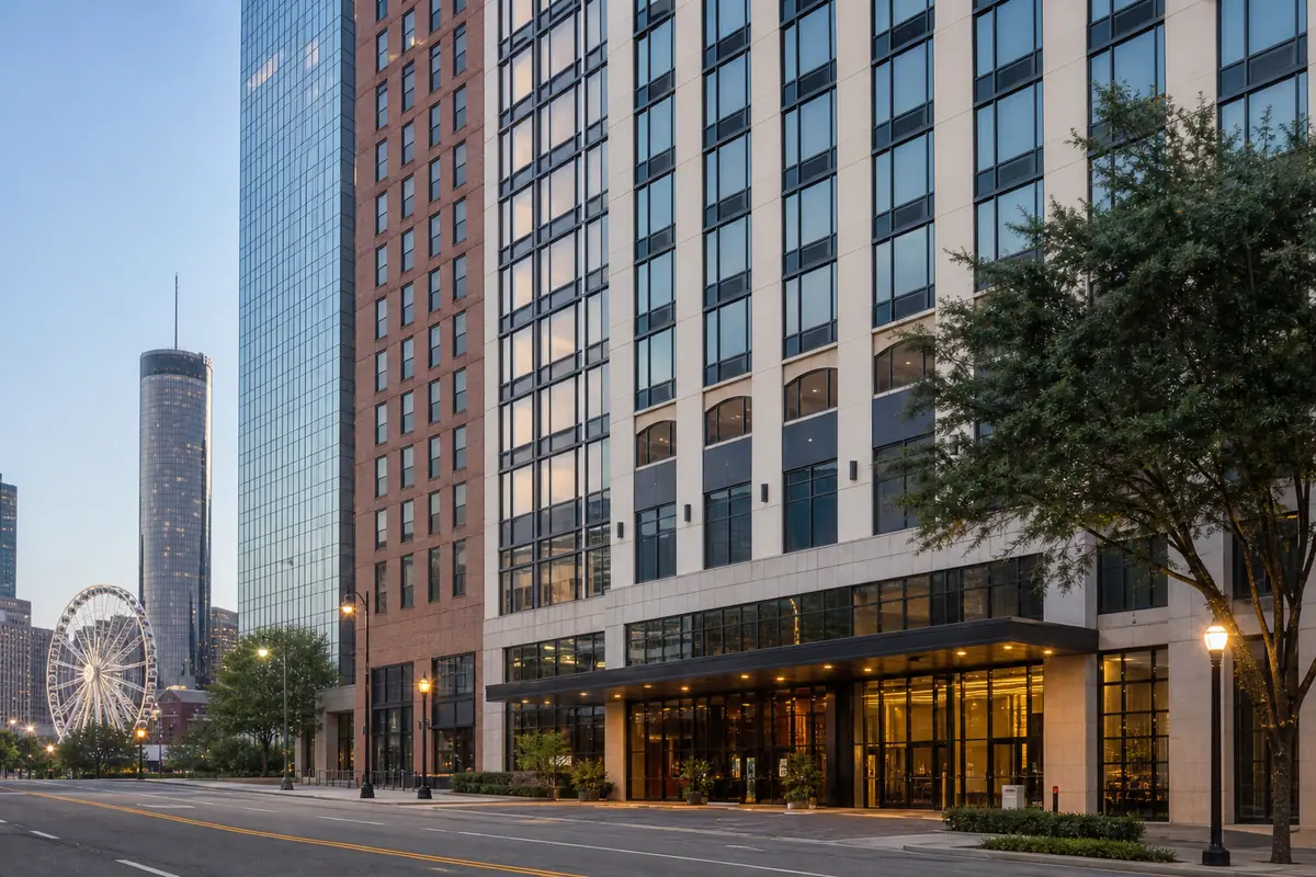 Photoreal downtown hotel exterior representing Hyatt Place Atlanta / Centennial Park