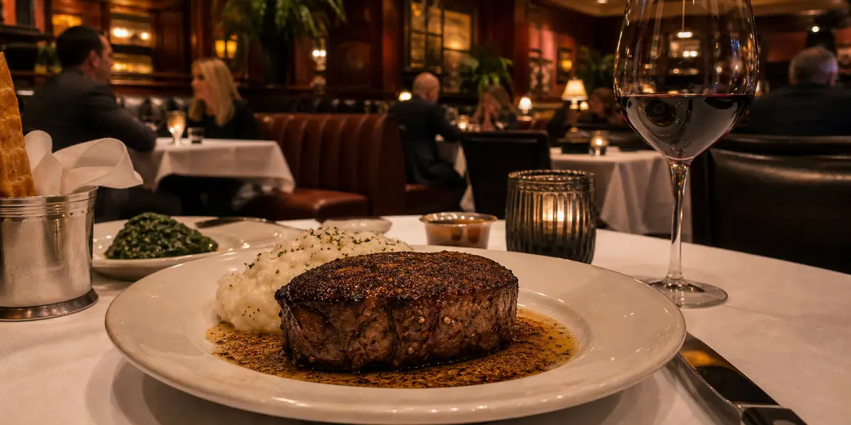 Photoreal upscale steakhouse dinner scene representing Bone's Restaurant in Atlanta